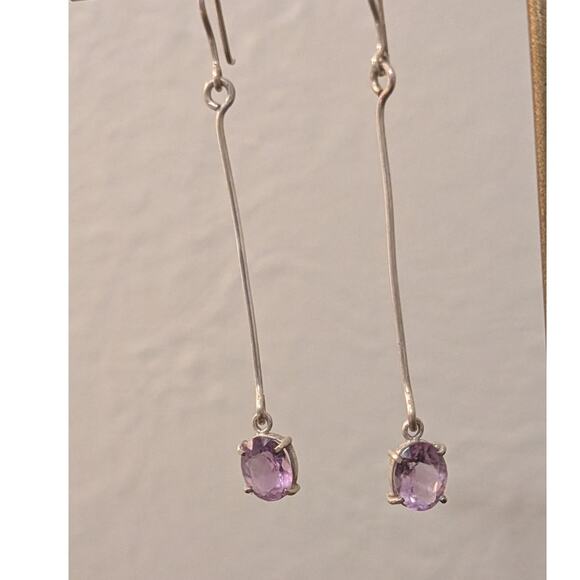 Vintage 925 Sterling Silver Long Bar Drop/Dangle Amethyst Gemstone Earrings - Picture 3 of 6